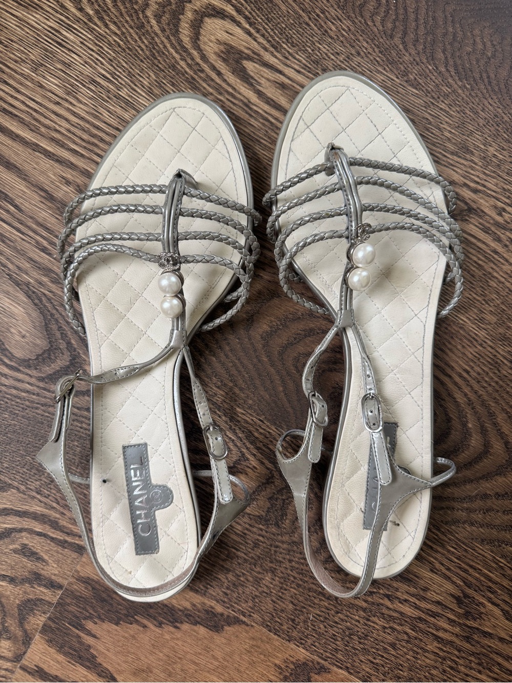CHANEL Metallic Silver Strappy Pearl-Tie Sandals